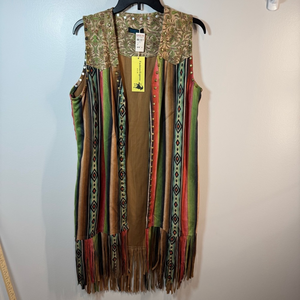 NWT Fashion Express Western Long Aztec Print Fringed Vest Women's small boho